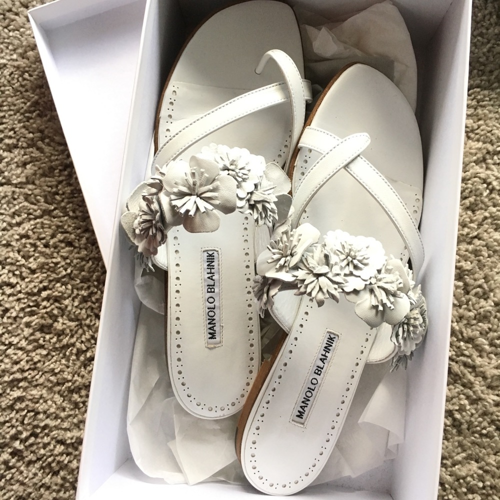 Manolo Blahnik white Susa floral sandals